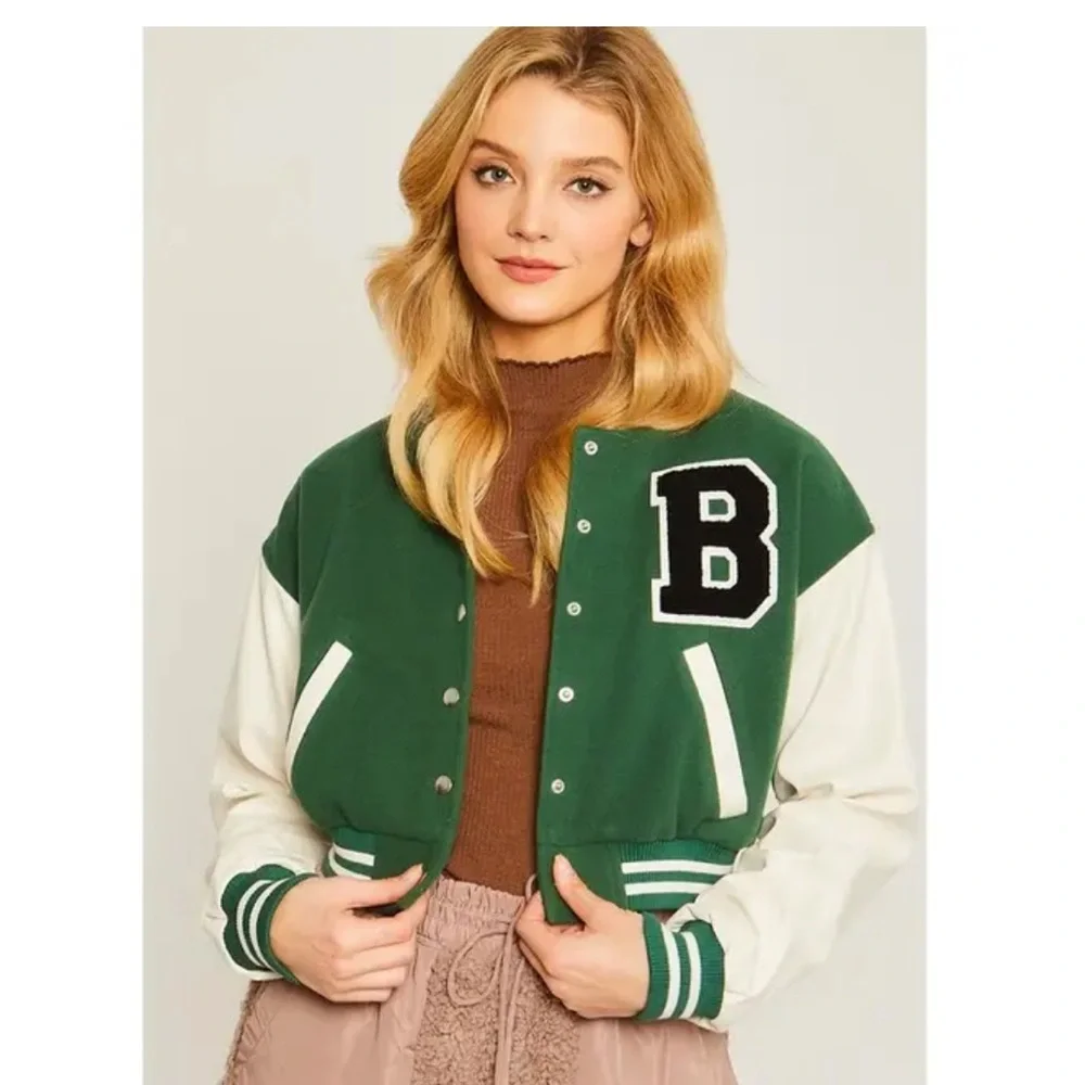 Love Tree Forest Green and Cream Varsity Jacket - Picture 1 of 10